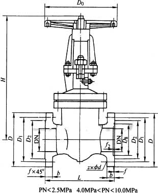 DKZ41H、DKZ41Y型手動真空閘閥 PN10外形結(jié)構(gòu)尺寸圖