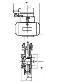VQ677Y型對夾式氣動V型球閥PN16~PN25外形結(jié)構(gòu)尺寸圖