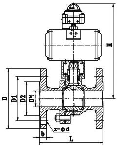 Q641F型法蘭兩片式氣動(dòng)高平臺(tái)球閥PN16～PN25主要結(jié)構(gòu)連接尺寸圖