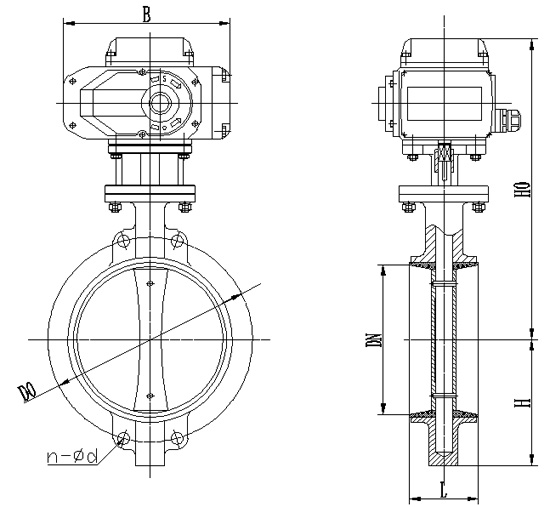 D971F對(duì)夾式電動(dòng)調(diào)節(jié)蝶閥PN6~PN16主要外形結(jié)構(gòu)尺寸圖